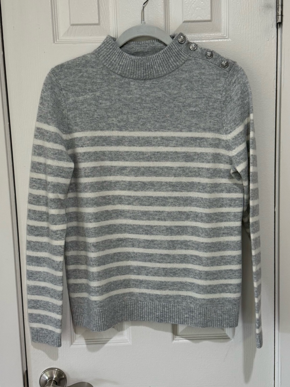 Lands' End Nautical Gray and White Striped Mock Neck 100% Cashmere sweater